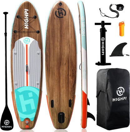 Highpi Inflatable Stand Up Paddle Board for Youth and Adults, 11-Foot Wide SUP with Premium Accessories, 350 lb Capacity, EVA Non-Slip Deck, Classic Wood