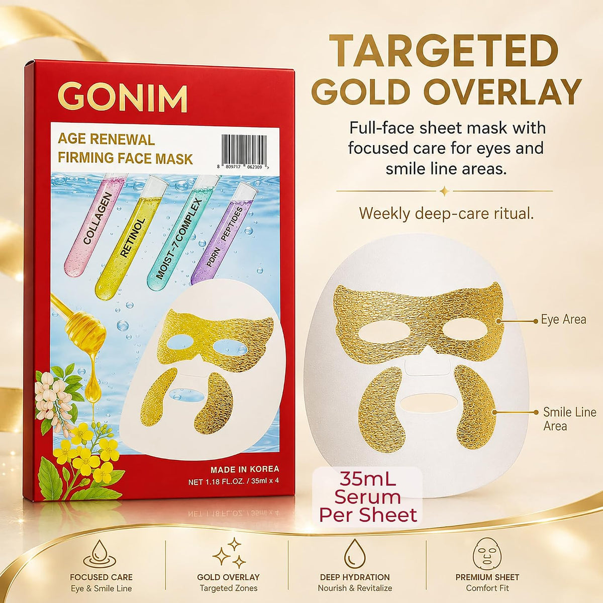GONIM Korean Collagen Face Mask with PDRN, Anti Aging Firming Facial Mask Korean face mask with retinol and hyaluronic acid, hydrating collagen sheet mask with gold eye and smile line overlay, 35mlx8