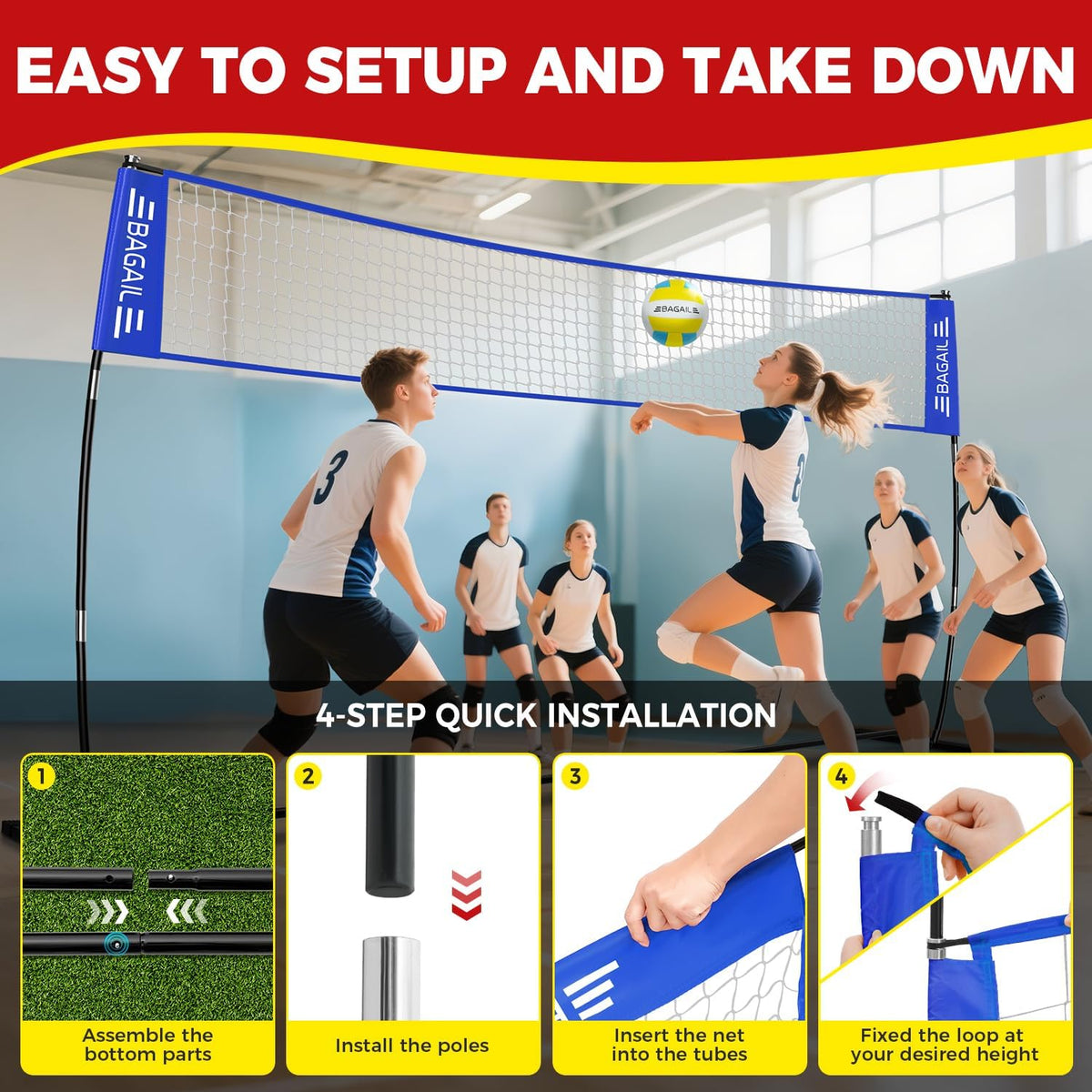 BAGAIL 12FT Portable Volleyball Net Set, Adjustable Height Freestanding Volleyball Net with Heavy-Duty Frame, Carry Bag, Ball & Pump