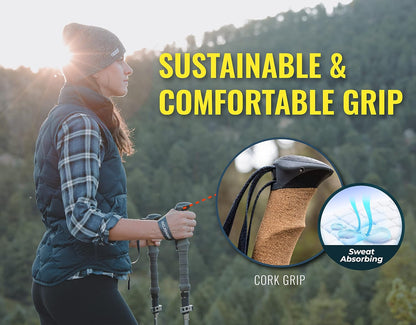 Trekology Trek-Z Cork Grip Collapsible Lightweight Hiking Trekking Poles Adjustable folding aluminum walking stick for men, women and seniors; foldable, retractable staff for travel and balance