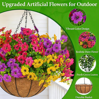 2 Set Artificial Hanging Flowers with Baskets for Outdoor Decor