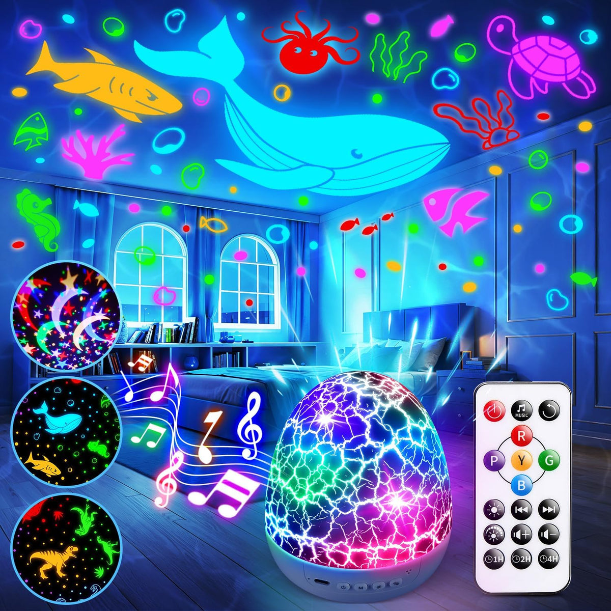 Staryou Dinosaur Egg Night Light Projector for Kids, 15 Soothing Sounds, 3 Film Modes, 33 Color Effects, 360° Rotation, Remote Control, Sleep & Sensory Toy