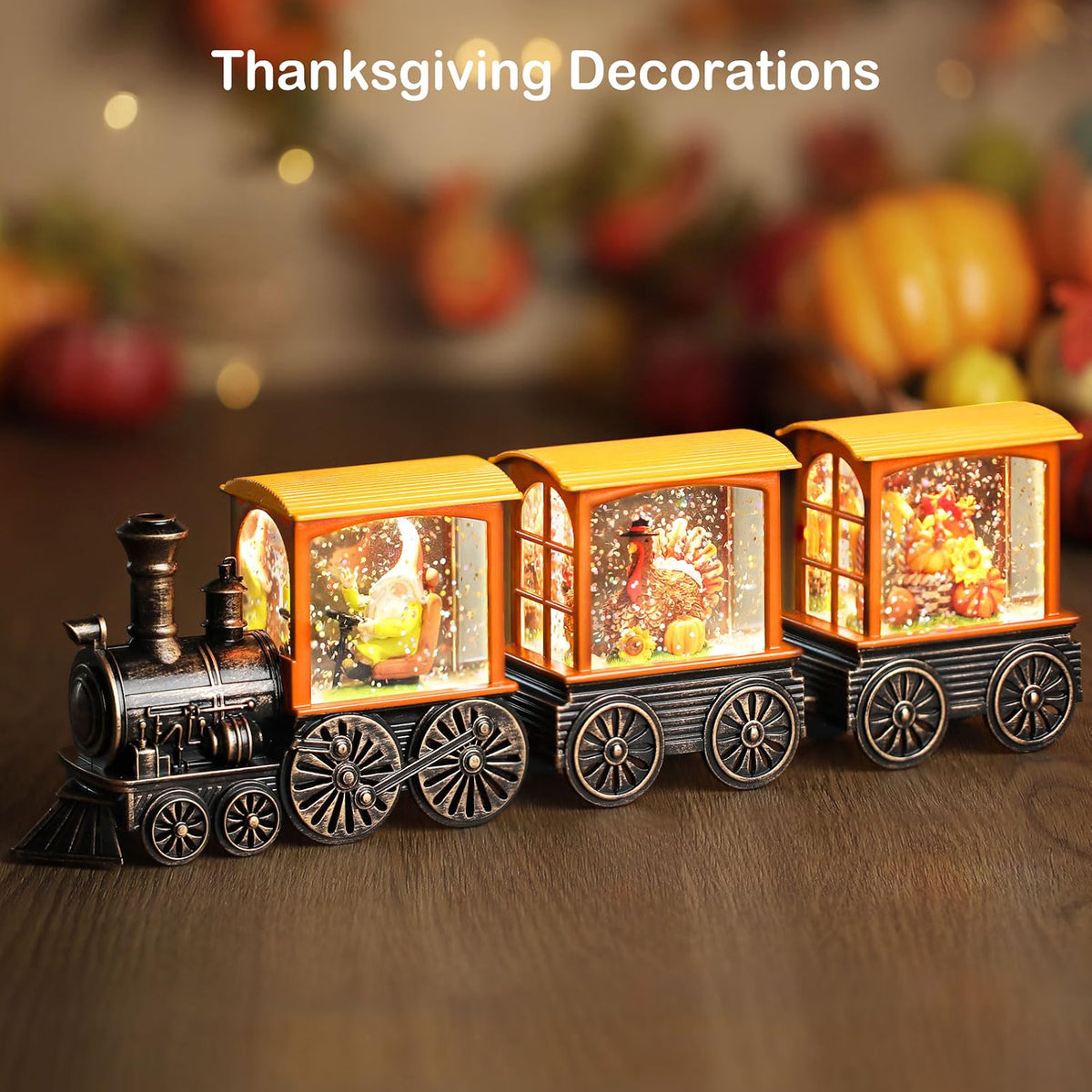 Gorrzai Fall Snow Globe Lantern, Pumpkin Turkey Gnome Train, 6H Timer