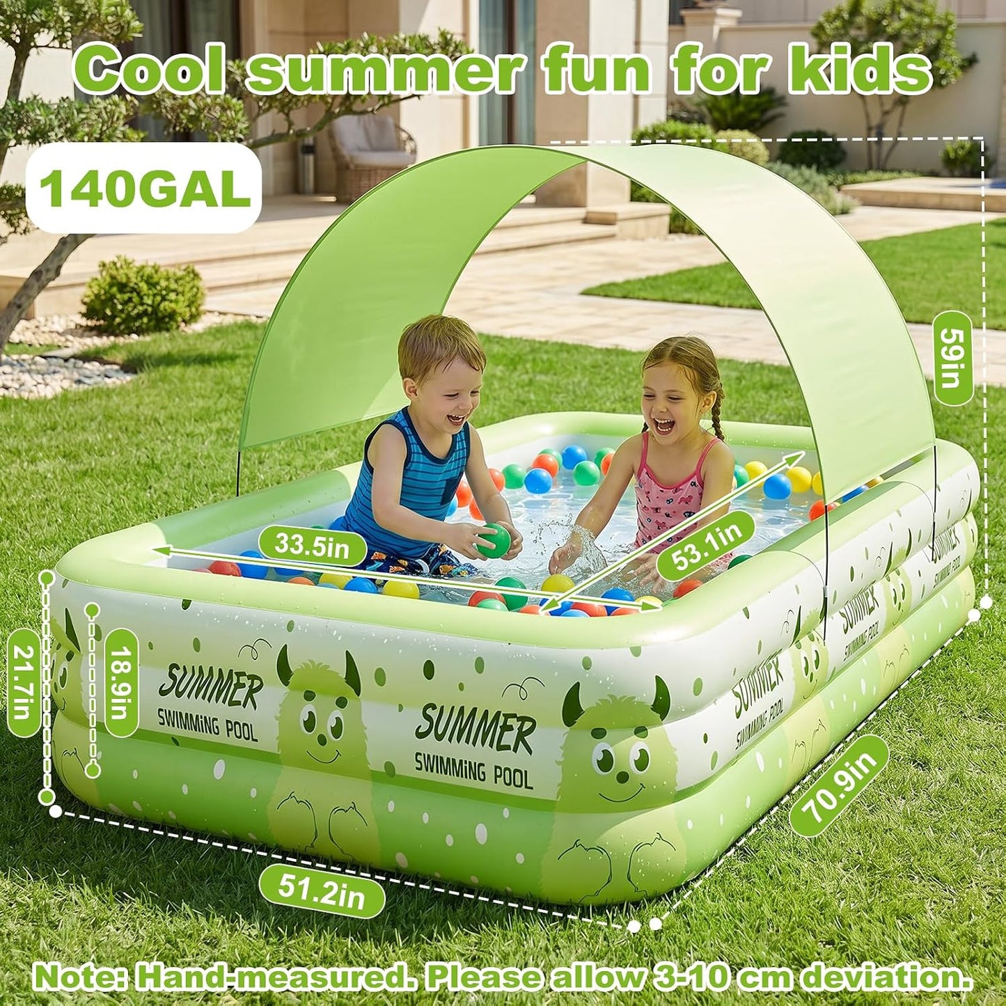 Kiddie Pool with Canopy 71" x 51" x 22", Inflatable Baby Pool with Detachable Sunshade, Portable Blow-Up Swimming Pool for Toddlers and Kids, Backyard Outdoor Water Play Pool, Green Monster