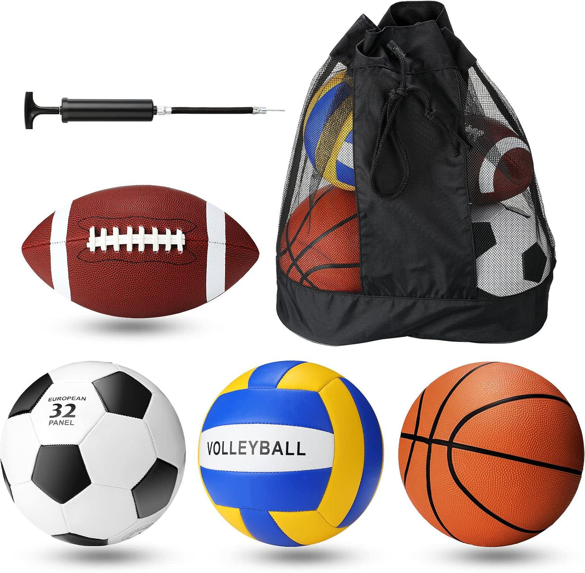 Jerify 4-Piece Sports Ball Set, Soccer Ball, Football, Basketball & Volleyball with Pump, Needle, Extension Tube & Carrying Bag, Official Size for Youth & Family Indoor Outdoor Play