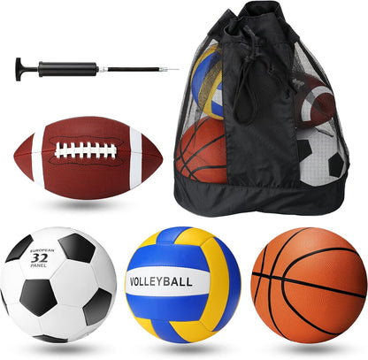 Jerify 4-Piece Sports Ball Set, Soccer Ball, Football, Basketball & Volleyball with Pump, Needle, Extension Tube & Carrying Bag, Official Size for Youth & Family Indoor Outdoor Play