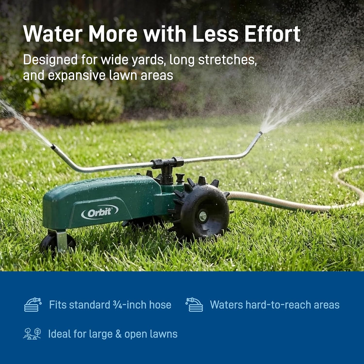 Orbit Traveling Tractor Water Sprinkler - Self-Propelled Traveling Sprinkler for Wide Lawn Coverage - Cast-Iron Body with Adjustable Coverage - Three-Speed - Automatic Shut Off - 58322