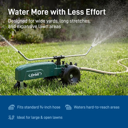 Orbit Traveling Tractor Water Sprinkler - Self-Propelled Traveling Sprinkler for Wide Lawn Coverage - Cast-Iron Body with Adjustable Coverage - Three-Speed - Automatic Shut Off - 58322
