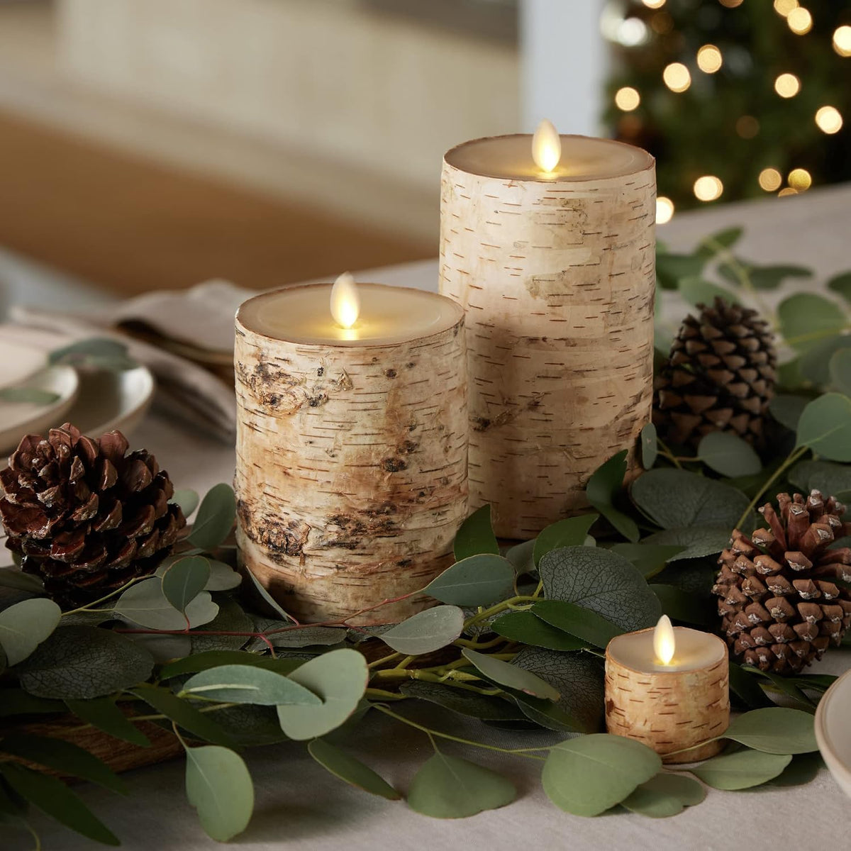 Luminara Real Birch Bark Wrapped Flameless LED Candle, 4" x 5.3", Battery Operated Moving Flame Pillar Light with Timer - Natural Decor Unscented