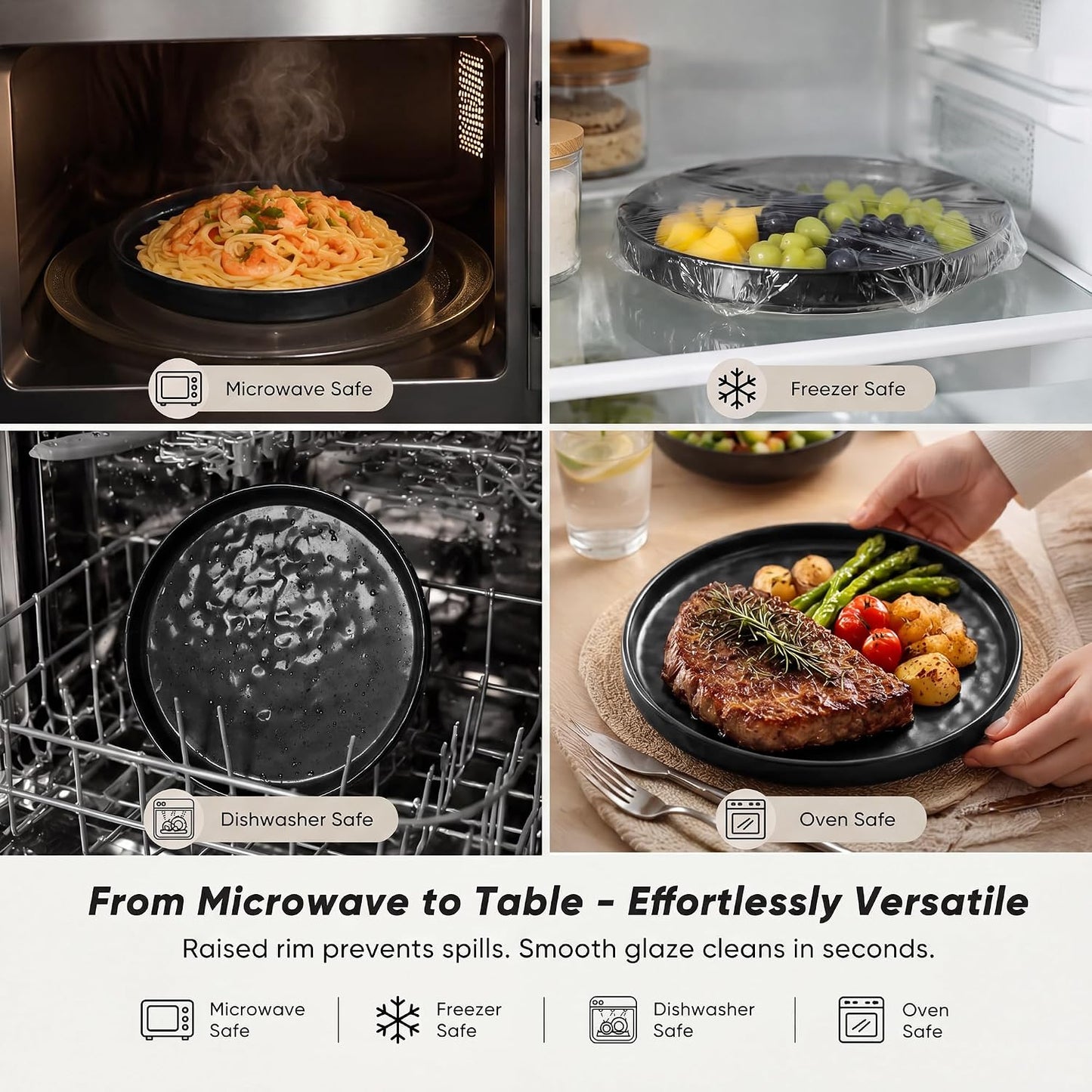 E-far Black Plates and Bowls Sets, 12-Piece Stoneware Dinnerware Set for 4 Modern Ripple Design Dishes Set for Kitchen Dining, Chip & Scratch Resistant, Microwave & Dishwasher Safe, Matte Black
