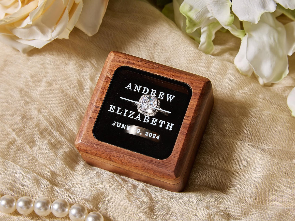 MUUJEE Custom Walnut Ring Bearer Box with Glass Lid, Double Flip 2-Compartment Ring Box with Velvet Interior, Personalized Wedding & Engagement Ring Holder, Custom 2
