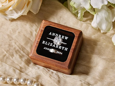 MUUJEE Custom Walnut Ring Bearer Box with Glass Lid, Double Flip 2-Compartment Ring Box with Velvet Interior, Personalized Wedding & Engagement Ring Holder, Custom 2