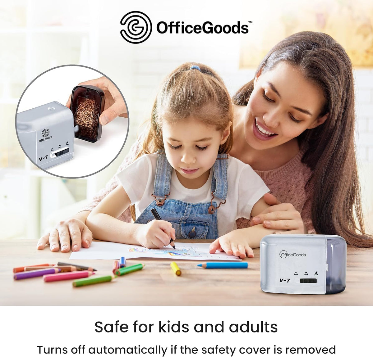 OfficeGoods Electric Pencil Sharpener | Battery, USB & Plug-In Powered Portable Sharpener for Graphite & Colored Pencils