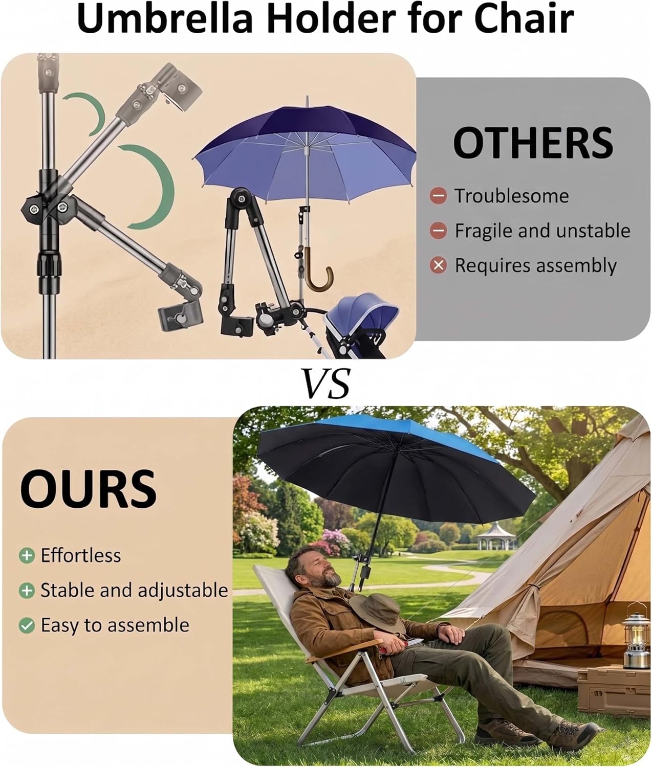 Adjustable Umbrella Holder for Chair and Stroller, Tool-Free Clamp Mount, Black