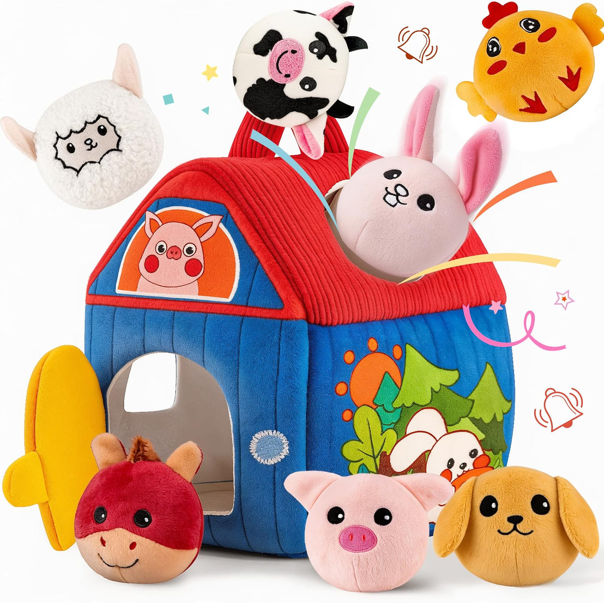 Montessori Farm Toy for Babies, Plush Barn with 7 Soft Animal Toys