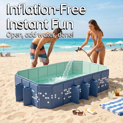 Large Foldable Swimming Pool 87 x 53 x 20 Inch, Non-Inflatable Rectangular Pool with Mosaic Design, Anti-Slip Portable Pool for Kids and Adults, Backyard Outdoor Pool