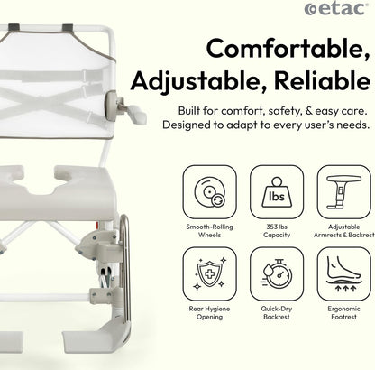 Etac Swift Mobile-2 Rolling Shower Commode Chair for Elderly, 353 lb, White Bedside Commode with Adjustable Height, Armrests and Backrest, Wheeled Shower Chair, Disabled Bathing
