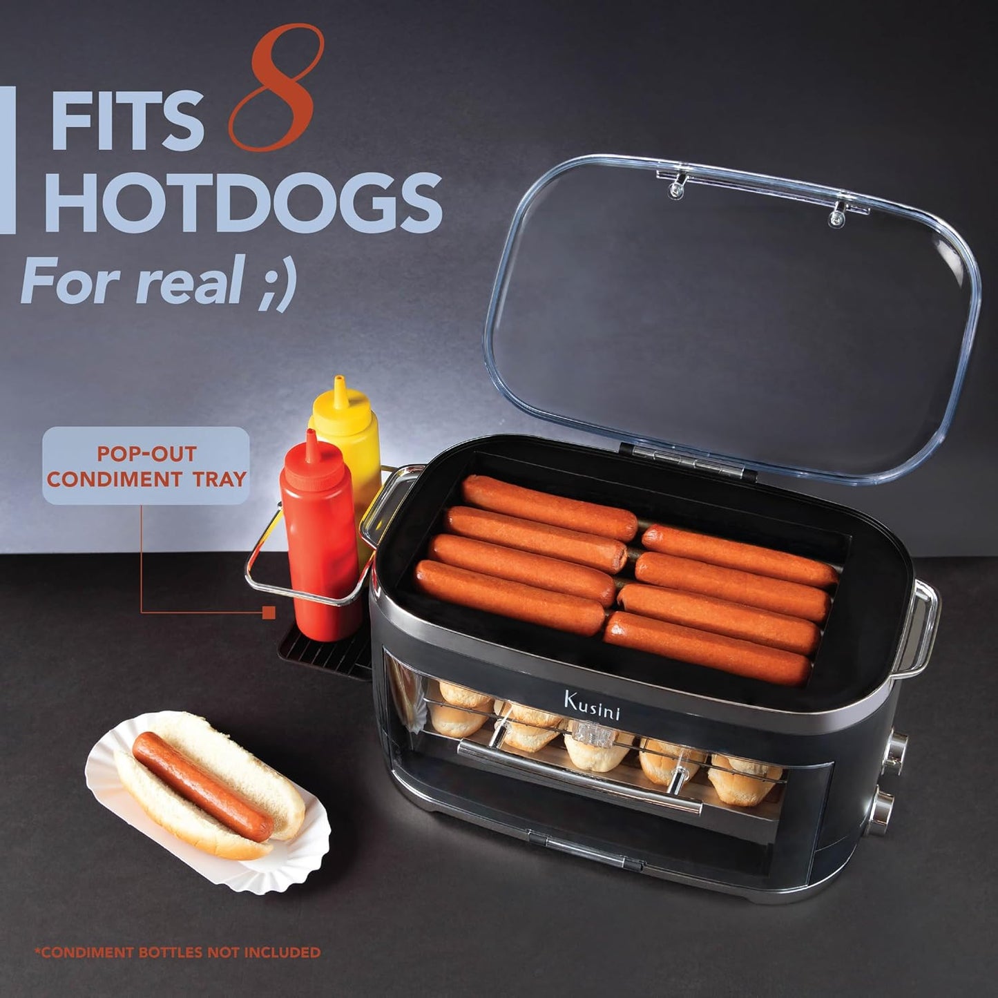 Kusini Hot Dog Roller Grill & Toaster Oven - Holds 8 Hot Dogs & 8 Buns, keep warm Option & Condiment Holder - Kitchen Appliance Hot Dog Cooker Machine - Hosting Party Essential, Unique Gifts Idea