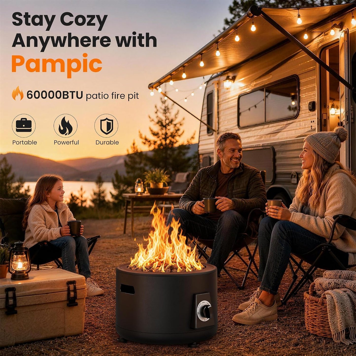 Pamapic Portable Propane Fire Pit, 60000BTU Outdoor Smokeless Gas Fire Pit, Patio Fire Pit Easy Setup and Storage for Camping, Patio, Backyard