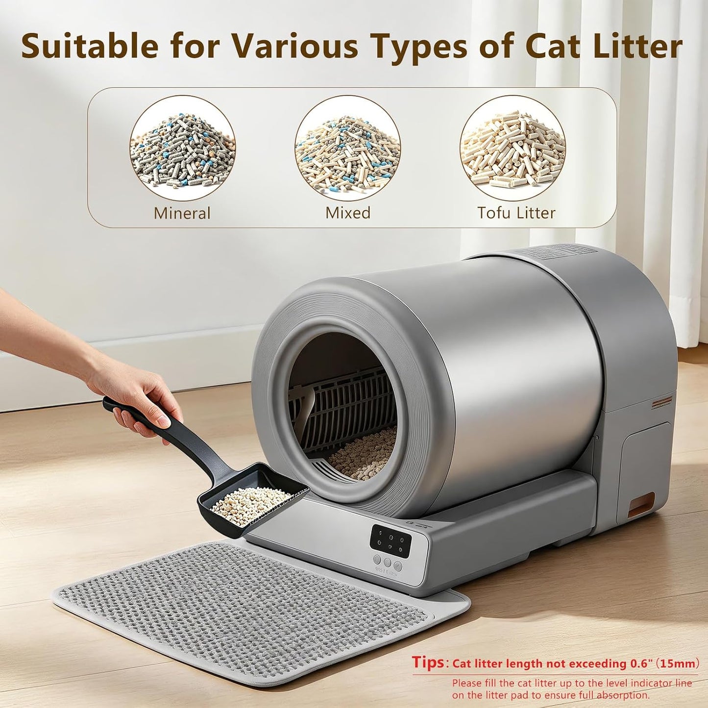 Self Cleaning Cat Litter Box for Multiple Large Cats - 60L Capacity, APP Control Automatic Litter Box with Safety Sensors, Odor-Free & Anti-Leakage, Includes Litter Mat & Litter Scoop,Gray