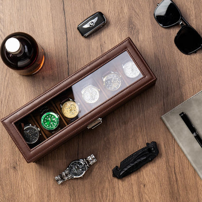 ProCase Watch Box, 6-Slot Watch Display Case with Drawer, 2-Layer Glass Lid Watch Organizer with Faux Leather & Velvet Interior, Espresso