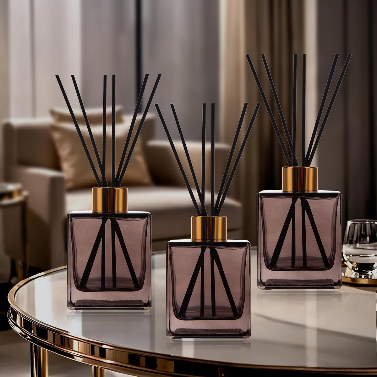 HyperionFlo Essentials 6-Pack Reed Diffuser Bottles, 200 ml Brown Glass Jars with Gold Caps & Black Sticks, Empty DIY Fragrance Containers