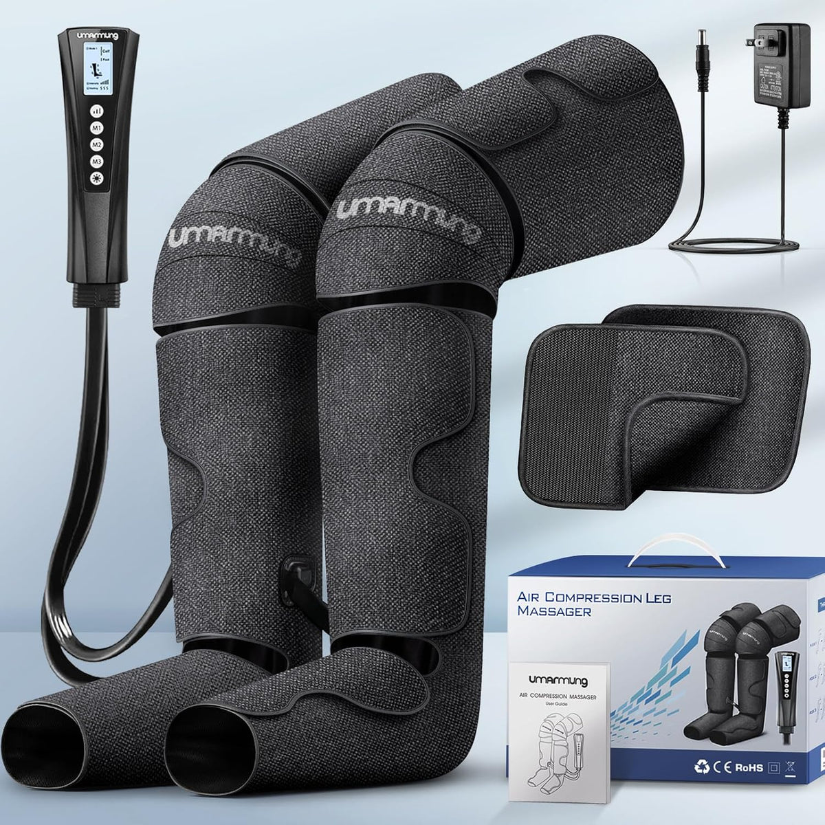 UMARMUNG Air Compression Leg Massager with Heat, Foot, Calf, Knee & Thigh Massage, 3 Pressure Modes, 3 Heat Levels, Adjustable Sleeves