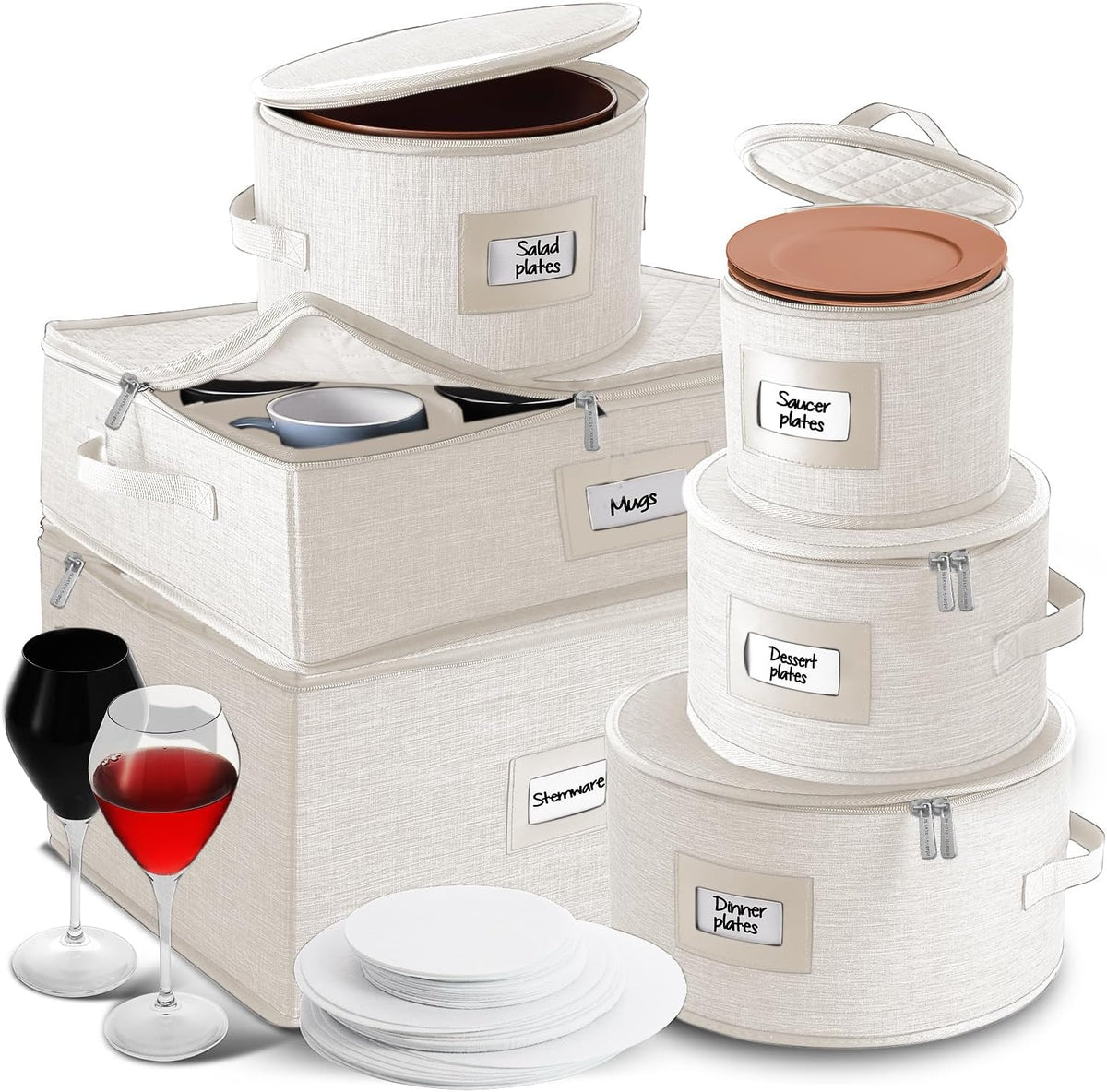 Hearth & Harbor Fine China Storage Containers Hard Shell 6 Piece Set, Cream Quilted, Mugs, Cups & Plates Stackable Dish Storage, Moving Boxes with Felt Dividers, Seasonal Organization, Service of 12