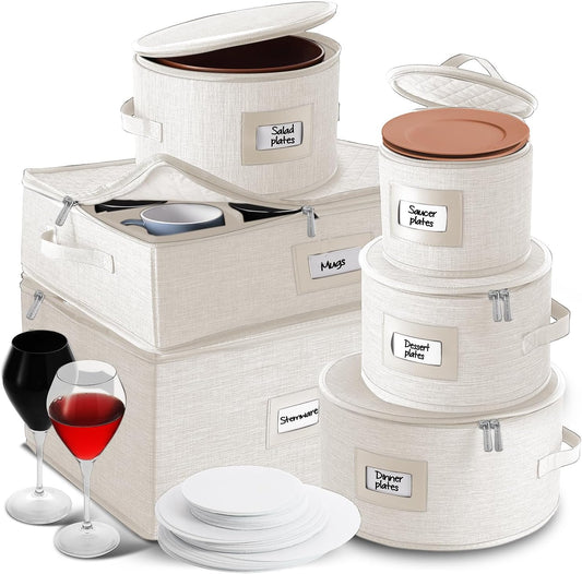 Hearth & Harbor Fine China Storage Containers Hard Shell 6 Piece Set, Cream Quilted, Mugs, Cups & Plates Stackable Dish Storage, Moving Boxes with Felt Dividers, Seasonal Organization, Service of 12