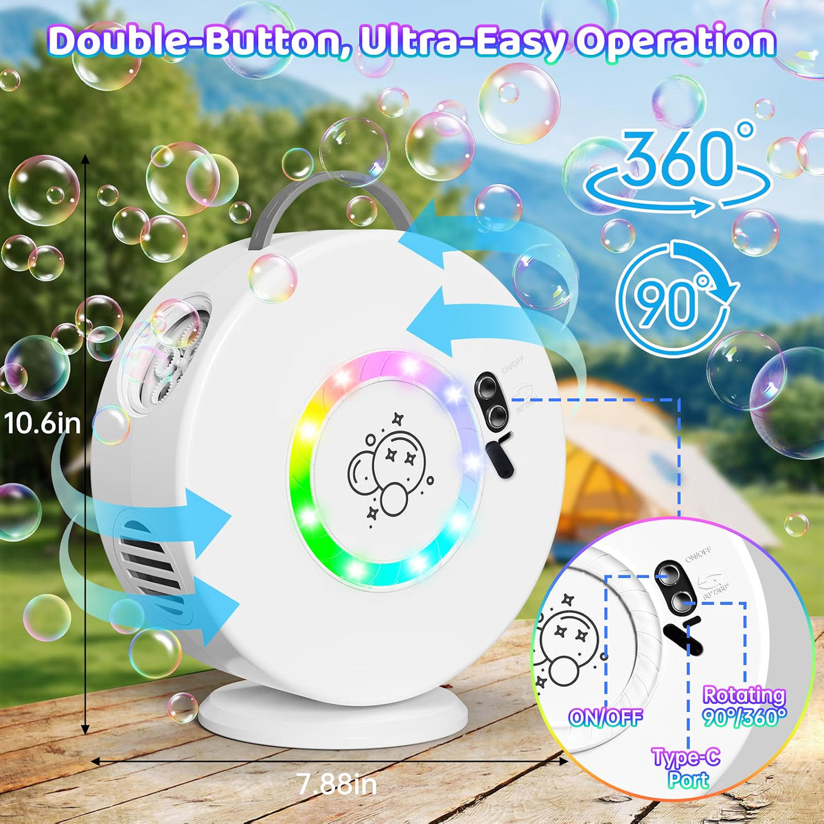 Yevohadt Bubble Machine for Kids & Toddlers, 90°/360° Rotating Automatic Bubble Blower with RGB Light, 4000+ Bubbles Per Minute, Portable Bubble Maker for Parties & Outdoor Play