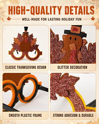 Mega-L 12-Pack Thanksgiving Fall Eyeglasses, Assorted Turkey & Maple Leaf Party Glasses for Adults & Teens, Friendsgiving & Autumn Photo Booth Accessories