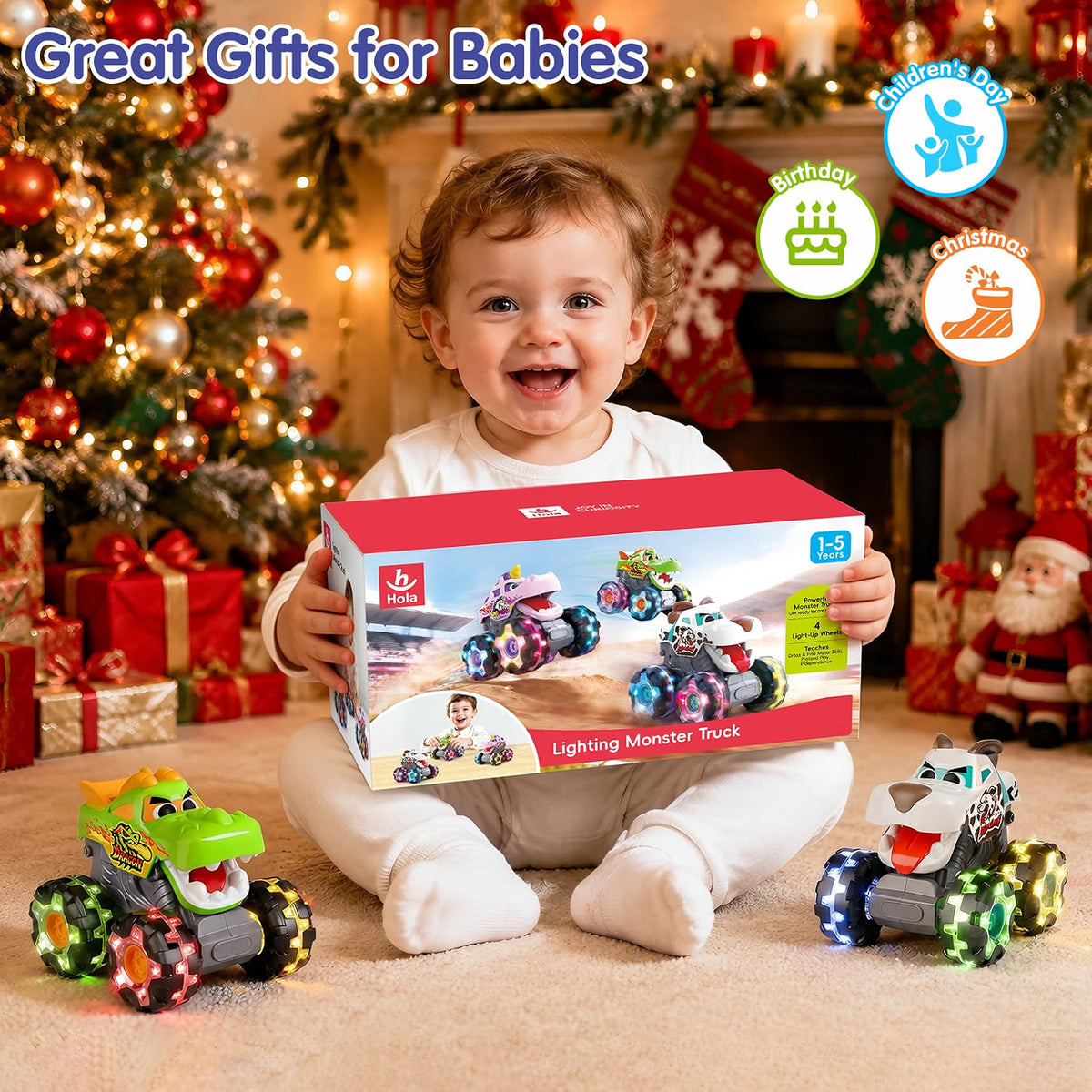 SunnyPal 3-Pack Light Up Monster Truck Toys for Toddlers