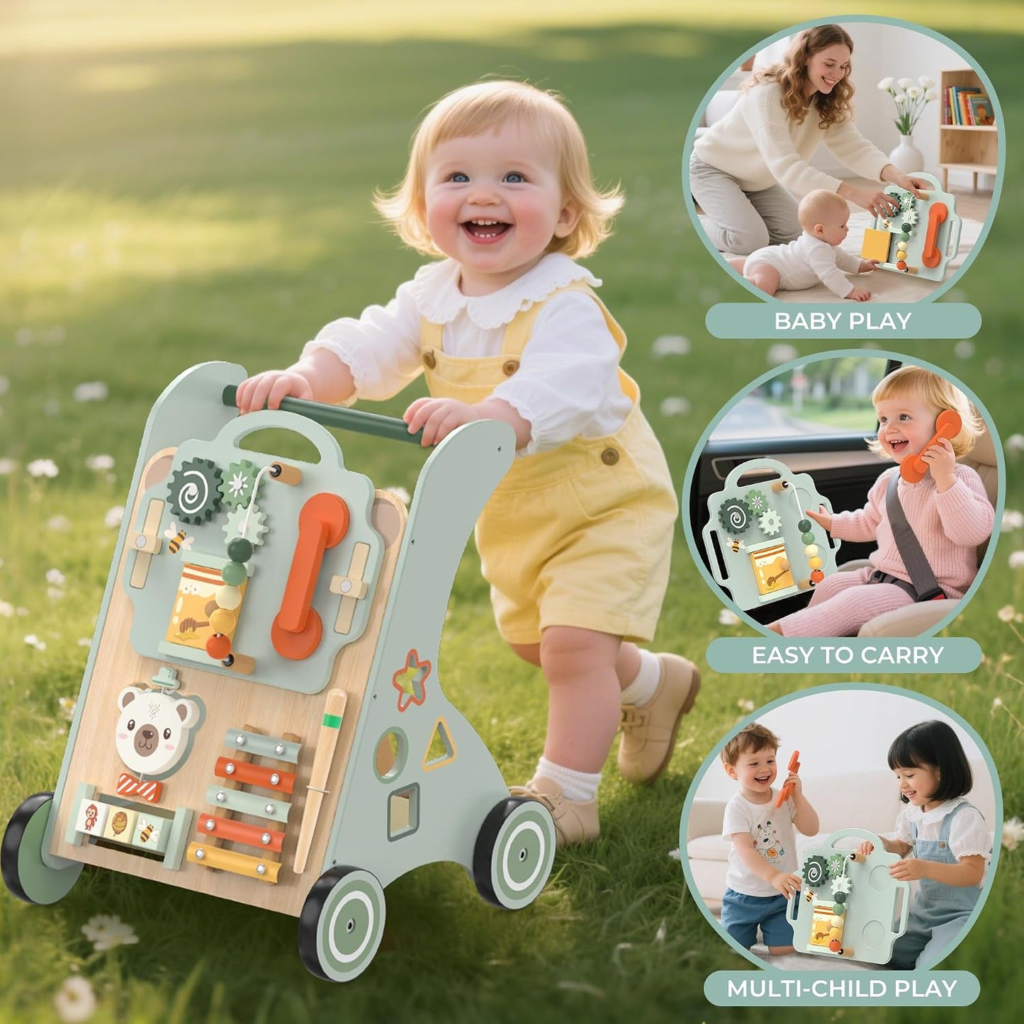 WOODMAM Push Baby Walker, Wooden Sit-to-Stand Learning Toy for 12M+ 10-in-1 Montessori Activity Center, Early Educational Push Toy, Detachable Busy Board, Adjustable Speed, Adorable Bear Design