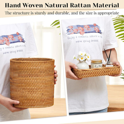 Teenyyou 3 Pcs Rattan Bathroom Accessories Set Wicker Trash Can, Natural Handwoven Trash Can Waste Paper Basket, Square Tissue Box Holder Toilet Vanity Tray, for Kitchen Office Organizer Decorative