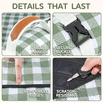 Genovega Waterproof Picnic Blanket, 80 x 80 Inch Extra Large Foldable Outdoor Blanket, Portable Beach Camping Mat with Waterproof PVC Backing, Checkered Green