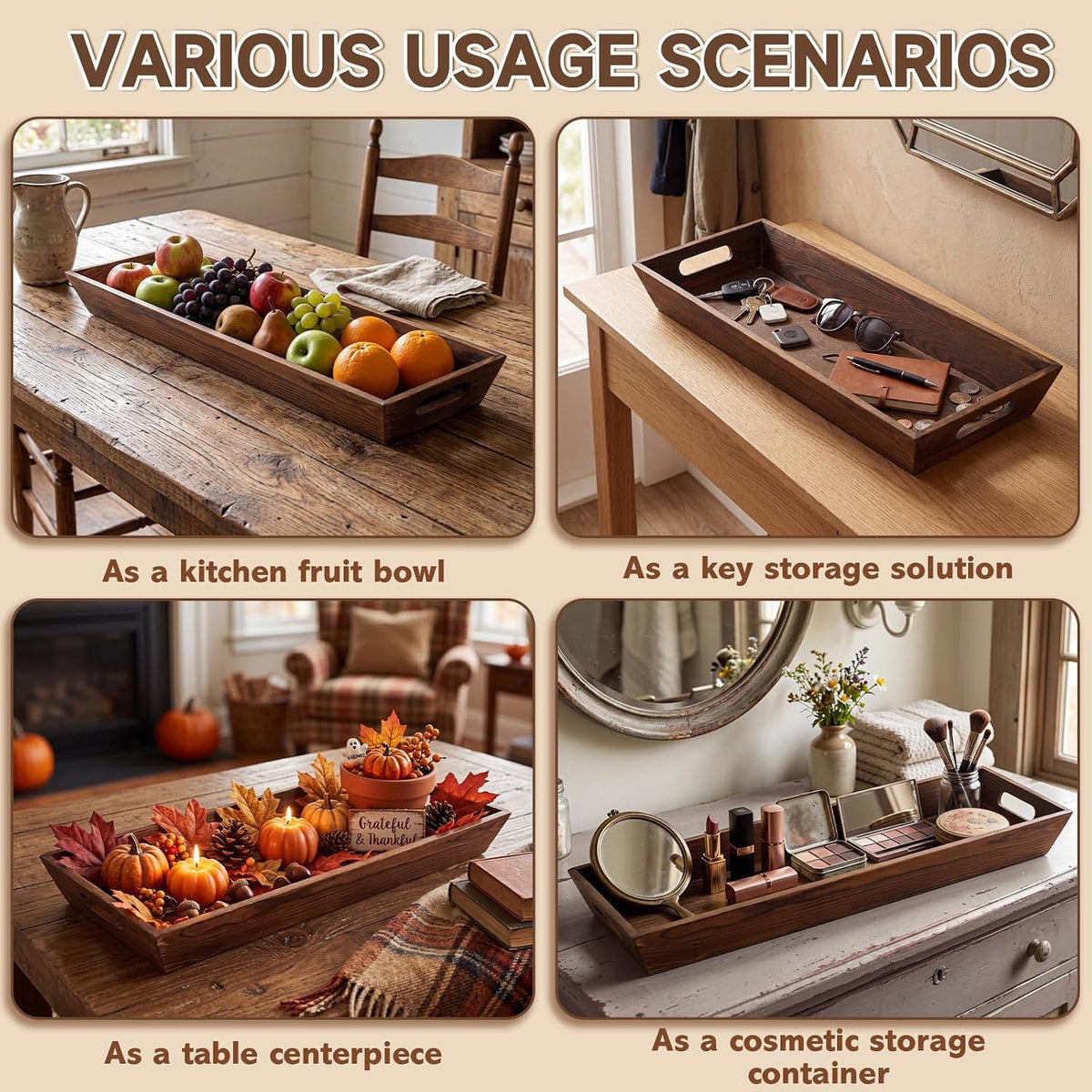 Gisafai 6 Pcs Long Wooden Narrow Tray Large Fall Serving Trays with Handle Thanksgiving Party, Rustic Farmhouse, Fall Centerpiece, 24x7.8'', Rectangular, Charcuterie Board Plate, Dining Dinner Kitchen