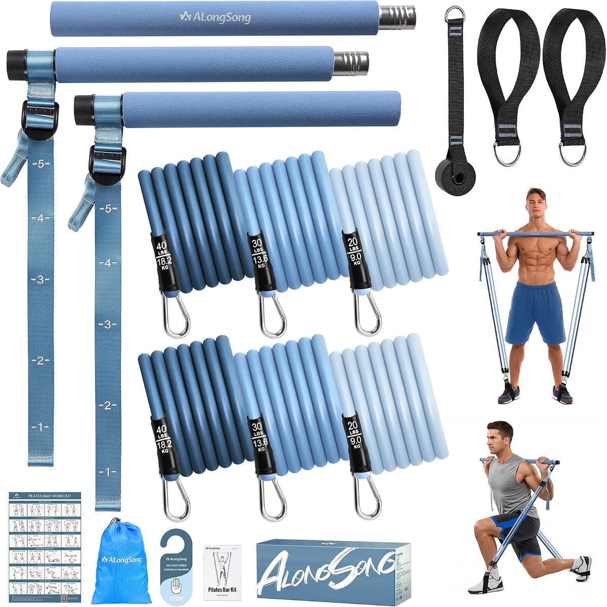 ALongSong Upgraded Pilates Bar Kit with 6 Resistance Bands, 20–180 lbs Adjustable Resistance, Stainless Steel Pilates Bar for Home Gym, Yoga, Strength Training & Full-Body Workouts, Muted Blue