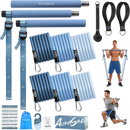 ALongSong Upgraded Pilates Bar Kit with 6 Resistance Bands, 20–180 lbs Adjustable Resistance, Stainless Steel Pilates Bar for Home Gym, Yoga, Strength Training & Full-Body Workouts, Muted Blue
