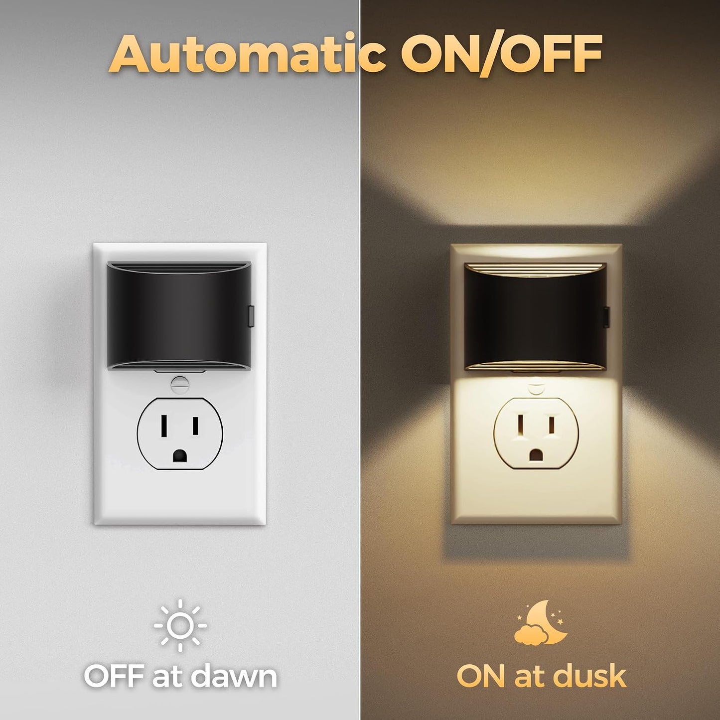DORESshop Plug-In Night Light, Adjustable 3-Level Brightness, Dusk-to-Dawn Sensor, 3000K, Black, 2-Pack