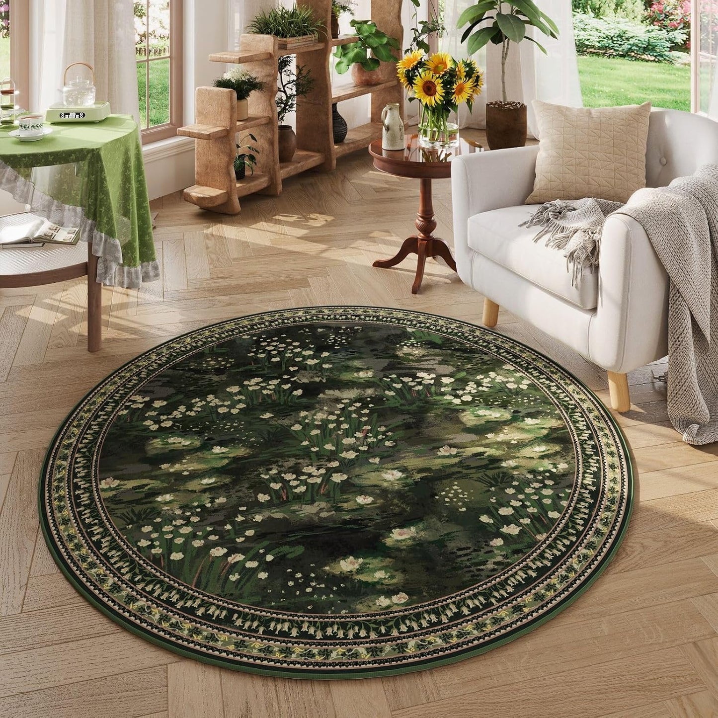 Rugcomf Round Area Rug 8ft Washable Vintage Impressionist-Style, Green Non Slip Low Pile Polyester Floral Soft Circle Carpet for Bedroom Bedside Office College Dorm Classroom Playroom Kid Bathroom
