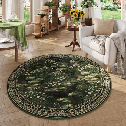 Rugcomf Round Area Rug 8ft Washable Vintage Impressionist-Style, Green Non Slip Low Pile Polyester Floral Soft Circle Carpet for Bedroom Bedside Office College Dorm Classroom Playroom Kid Bathroom