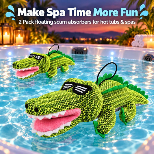 Crocodile Hot Tub Scum Absorber, 2-Pack Reusable Washable Spa Sponge for Oil & Scum Removal, Floating Hot Tub Pool Cleaner with Suction Cup & Rope, Cute Crocodile Design