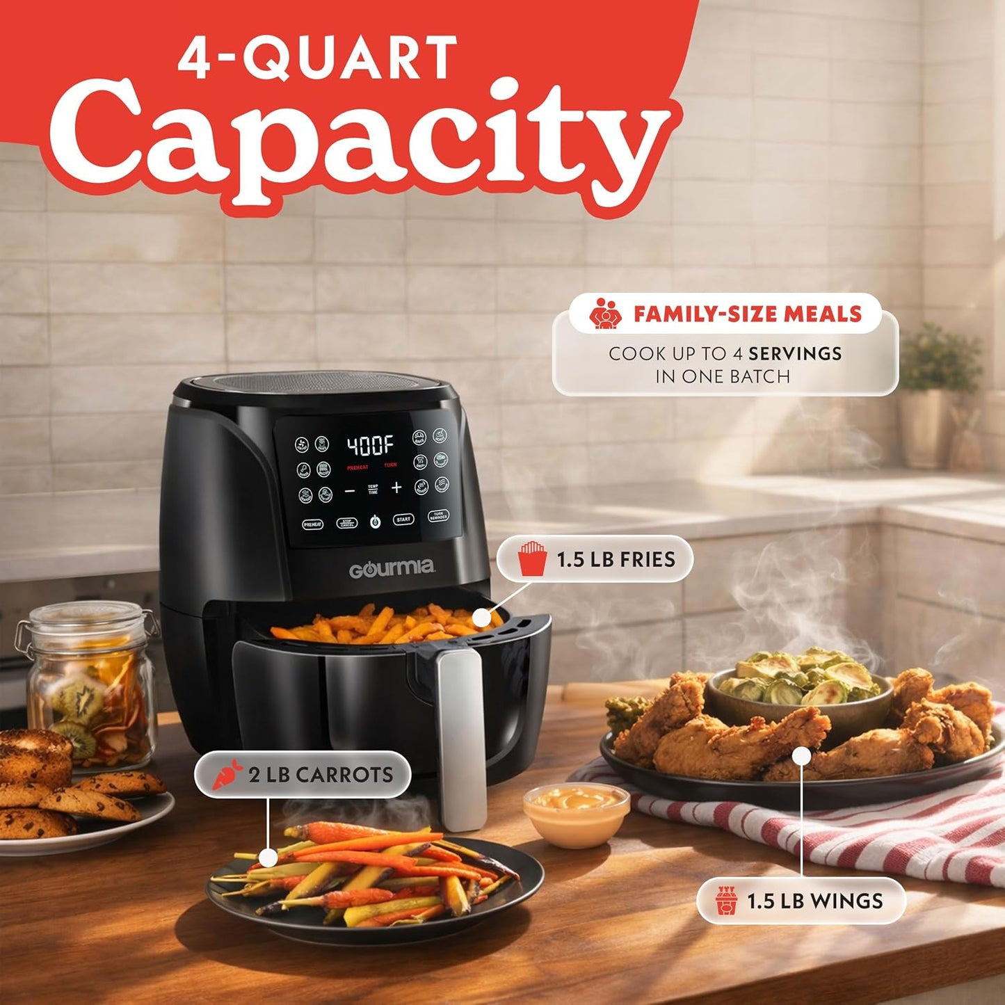 Gourmia Air Fryer - 4 Qt Basket Capacity, 12 Cooking Presets, Black Digital Display, Touch Controls, 90–400°F Adjustable Temperature, Dishwasher-Safe Basket & Crisper Tray