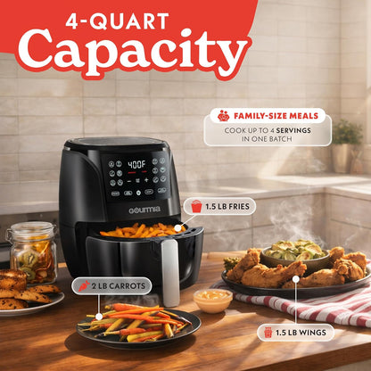 Gourmia Air Fryer - 4 Qt Basket Capacity, 12 Cooking Presets, Black Digital Display, Touch Controls, 90–400°F Adjustable Temperature, Dishwasher-Safe Basket & Crisper Tray