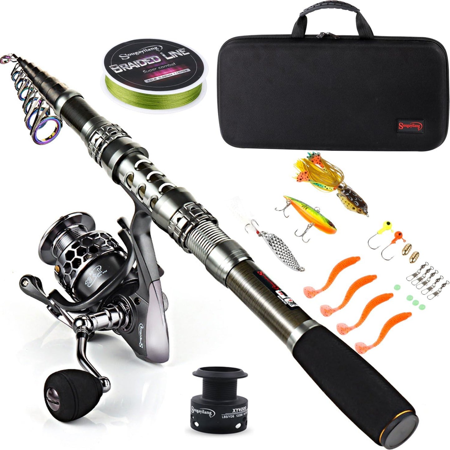 Sougayilang Fishing Rod Reel Combo with Telescopic Fishing Pole, Spinning Reel, Carrier Bag, Lures & Fishing Accessories for Saltwater and Freshwater Fishing