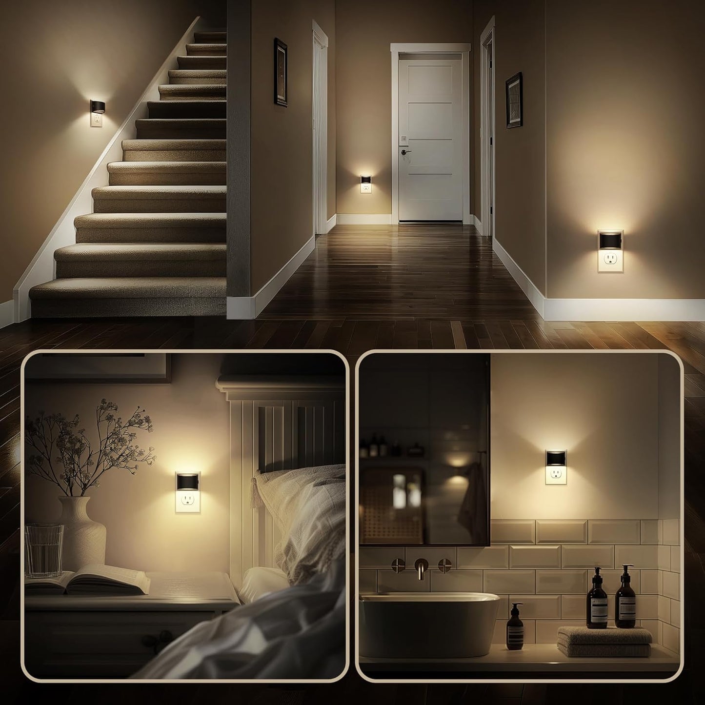 DORESshop Plug-In Night Light, Adjustable 3-Level Brightness, Dusk-to-Dawn Sensor, 3000K, Black, 2-Pack