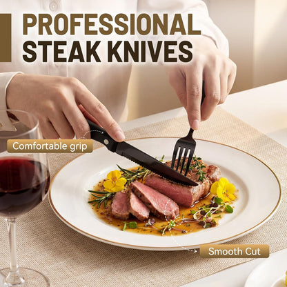 48 PCS NO-FADING Black Silverware Set with Steak Knives, Flatware for 8 Titanium Black Finish, Rust Resistant, Food-Grade Stainless Steel Cutlery Utensils Set, Mirror Polished & Dishwasher Safe