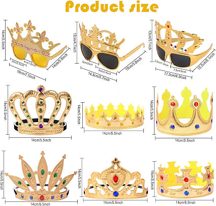 NICOWARM 12-Piece Crown Glasses & Crown Hats Party Set, 6 King & Queen Crown Sunglasses with 6 Adjustable Crown Hats, Royal Photo Props for Kids & Adults, Gold