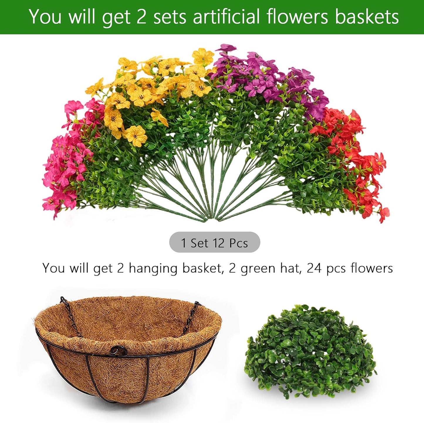 2 Set Artificial Hanging Flowers with Baskets for Outdoor Decor
