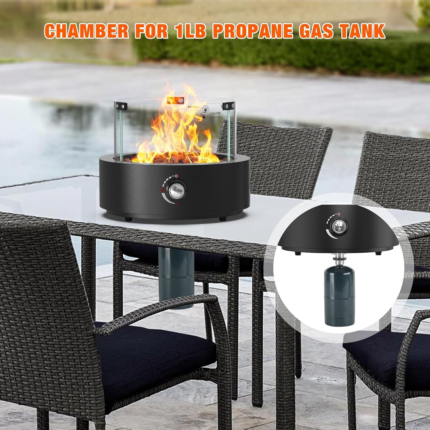 15.7" Gas Fire Pit Bottom-Mounted for Table with Umbrella Hole, FP039 Portable Smokeless Propane Fireplace with Lava Rocks & Glass Shield for Outdoor Patio Backyard Camping RV Tailgating, Round